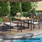 Wood and Black Outdoor Patio Dining Set with Table Two Chairs and Bench Cushioned Seats Durable Metal Frame